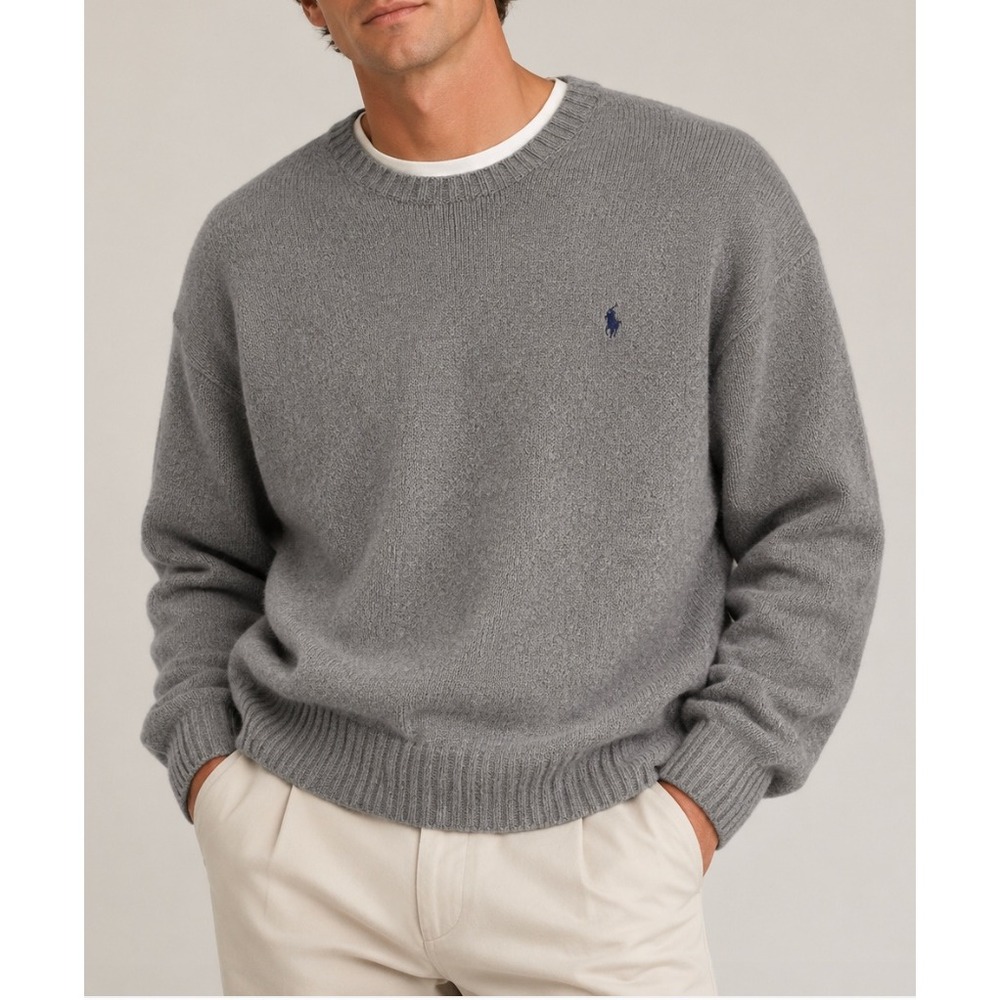 Polo Ralph Lauren Vintage Gray Cotton Crewneck Sweater XXL Blue Pony Logo Mens